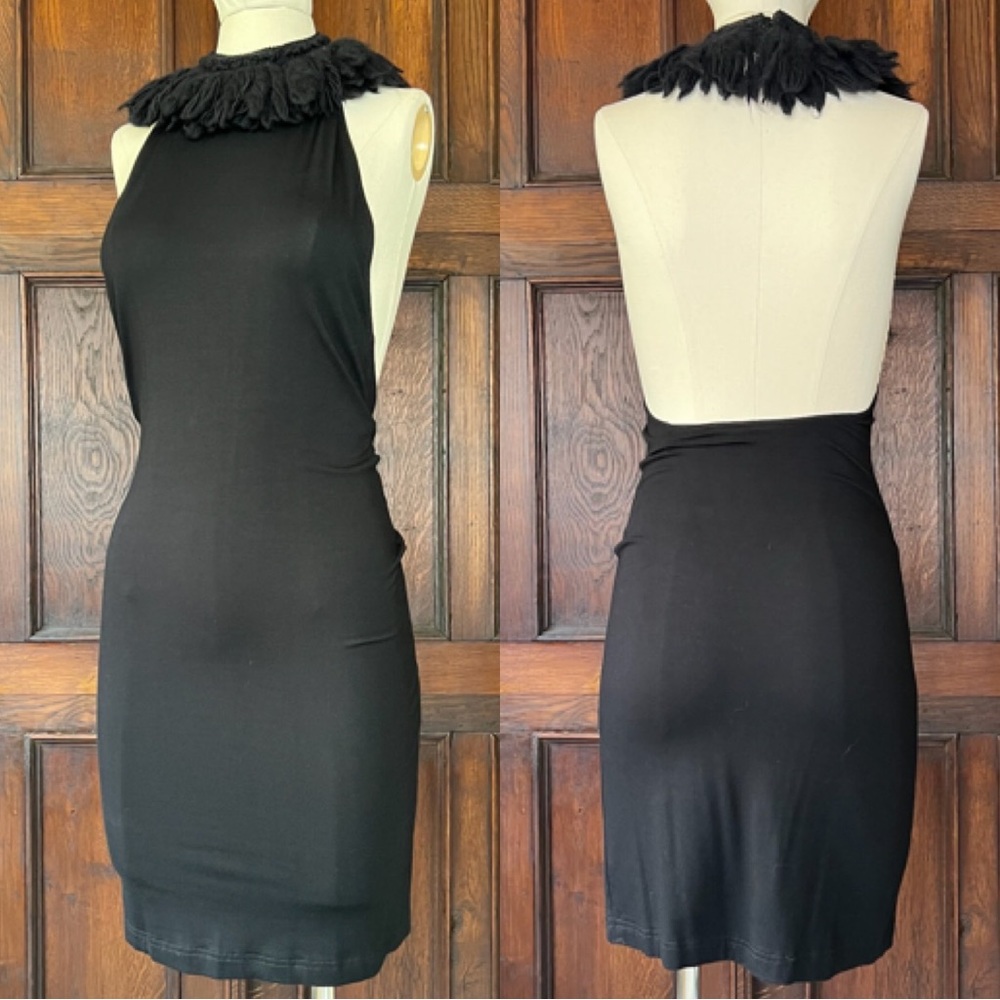 Moschino Jeans Stretchy Black Knit Fringe Collar Halter Dress Size 8